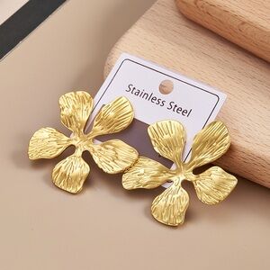 Stainless Steel Gold Flower Statement Earrings